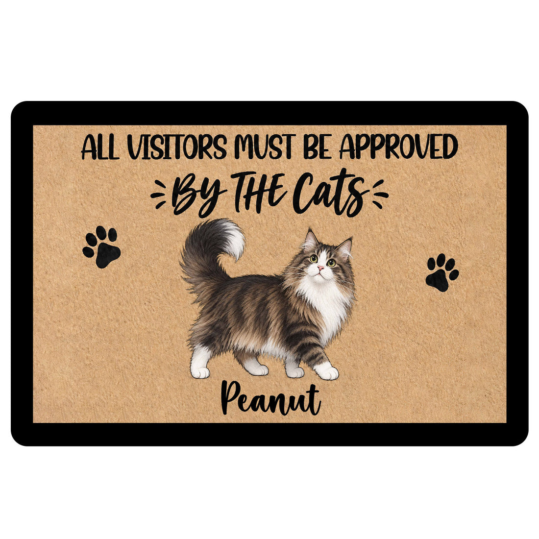Rectangular cat doormat with a fluffy brown and white long-haired cat, black paw prints, and a playful visitors-approved-by-cats quote on a tan coir-look background with a black border.