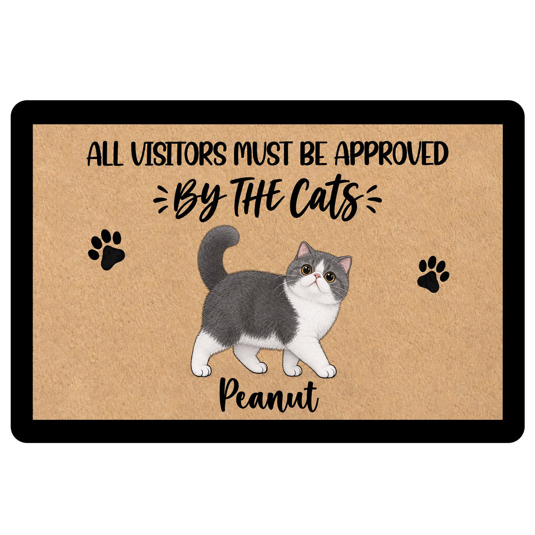 Exotic Shorthair cat doormat with paw prints and playful visitor approval artwork