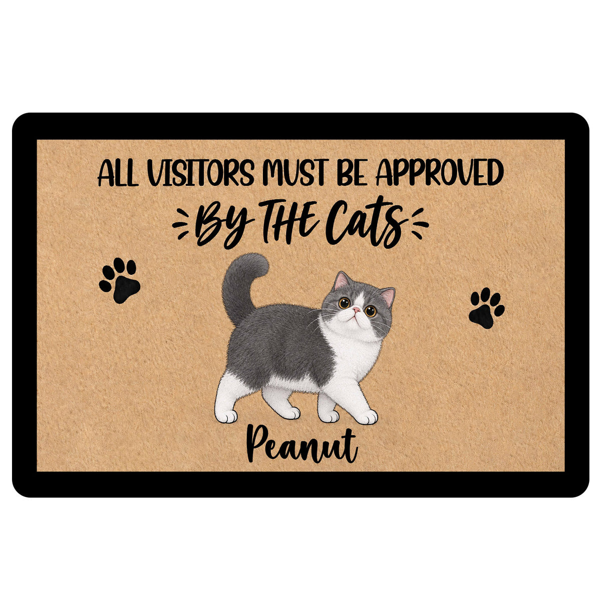 Exotic Shorthair cat doormat with paw prints and playful visitor approval artwork