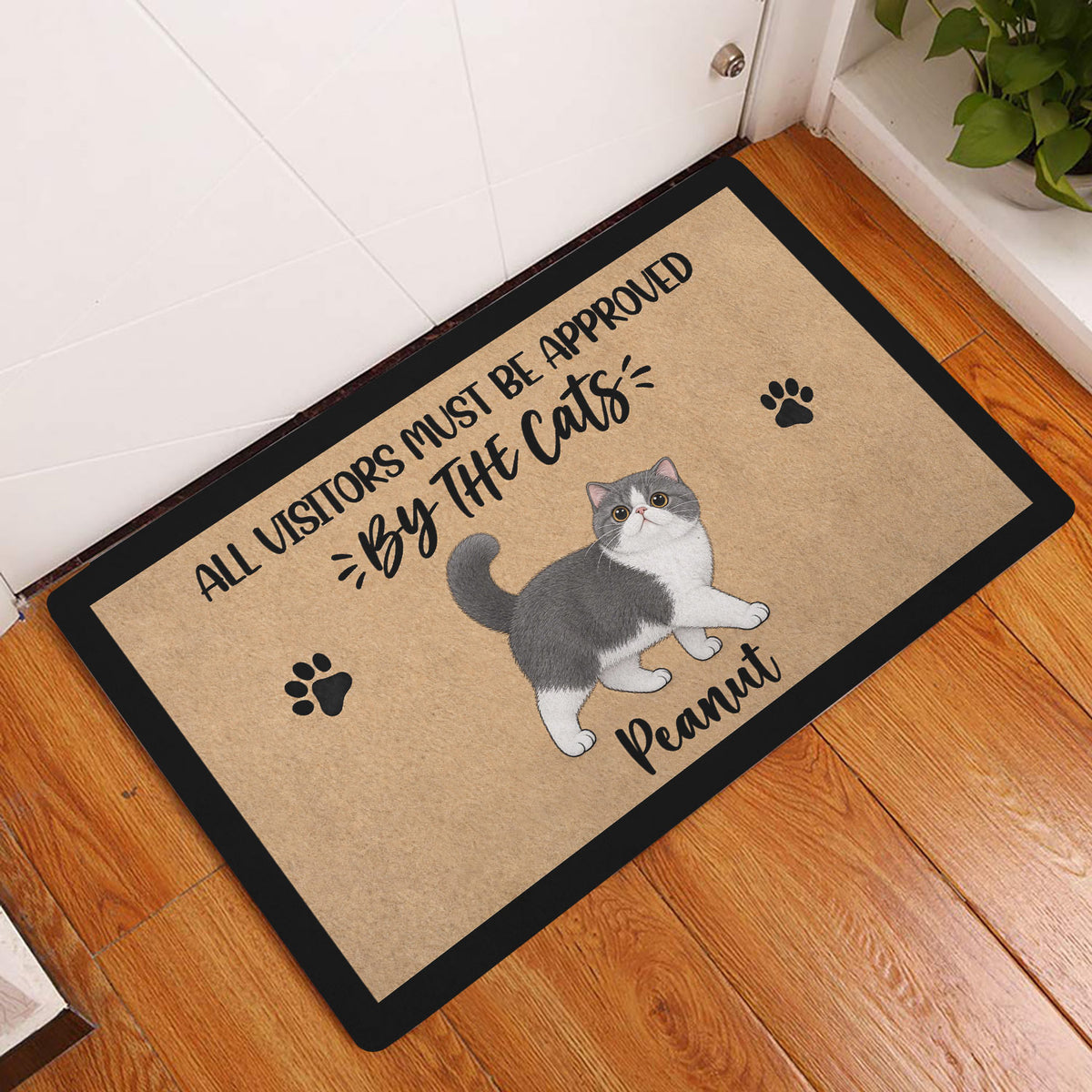 Exotic Shorthair cat doormat displayed in an entryway on a hardwood floor
