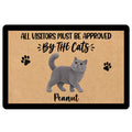 British Shorthair cat doormat with paw prints and playful visitor approval artwork