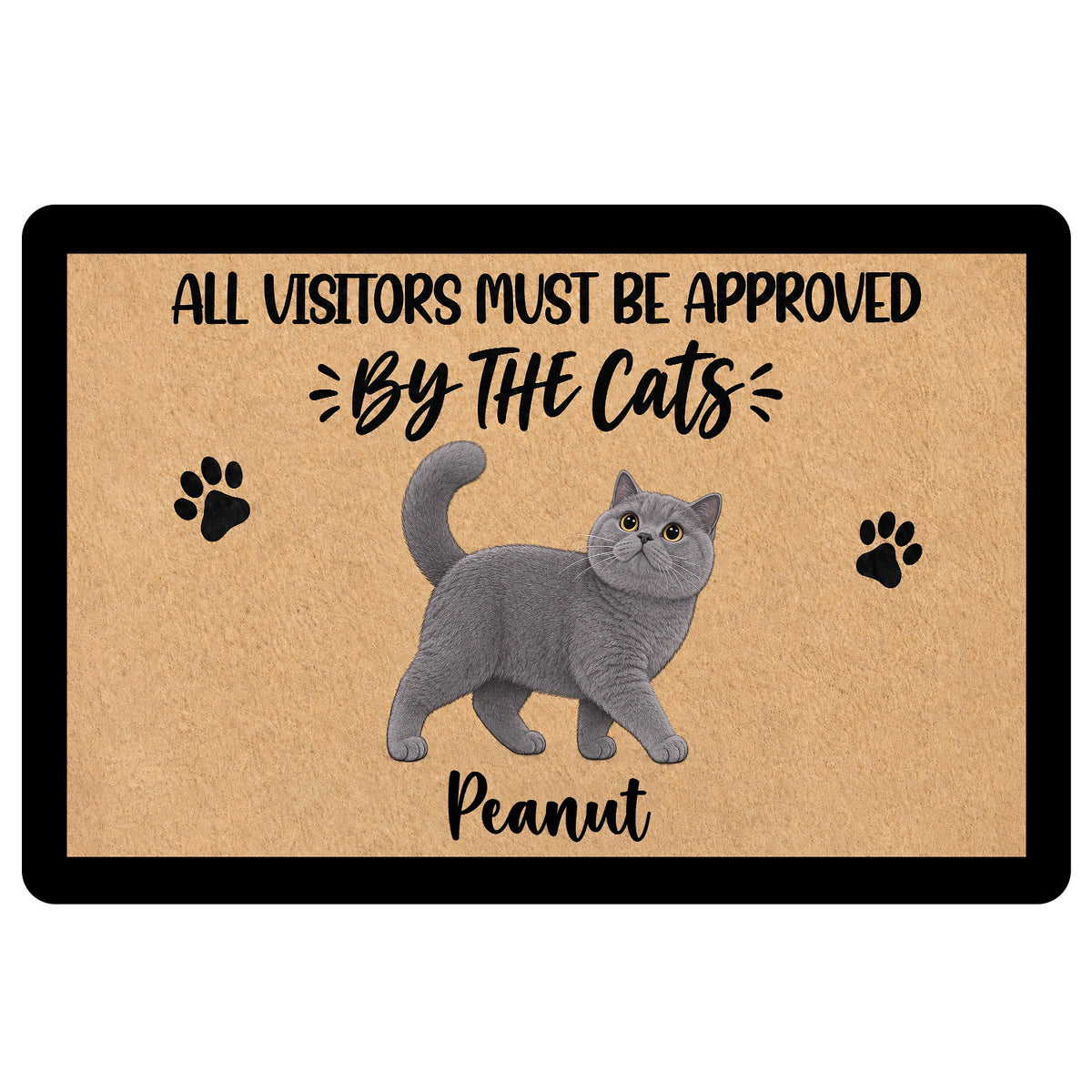 British Shorthair cat doormat with paw prints and playful visitor approval artwork
