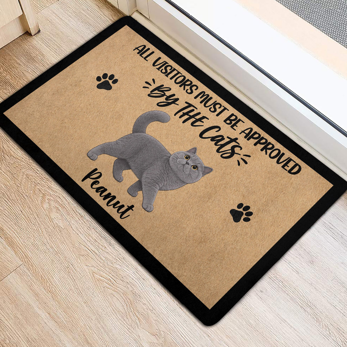 Gray British Shorthair cat door mat styled in a bright home entrance