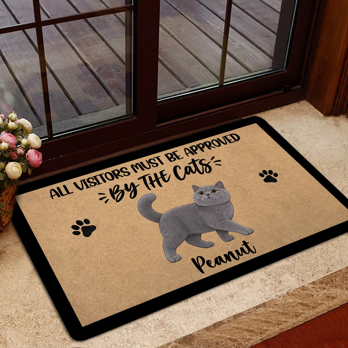 British Shorthair cat doormat shown near a glass entry door and home decor