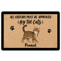 Bengal cat doormat with illustrated spotted cat, paw prints, playful approval message, and black border