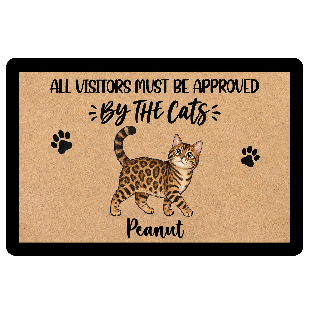 Bengal cat doormat with illustrated spotted cat, paw prints, playful approval message, and black border