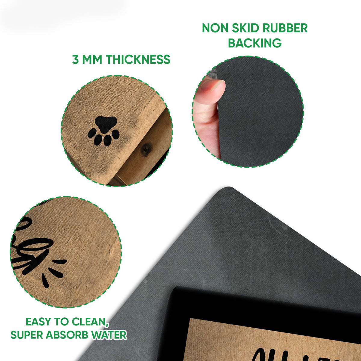 Close-up feature view of the Bengal cat doormat surface, edge, and black rubber backing