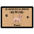 Sphynx cat doormat with paw prints, playful approval message, and illustrated hairless cat artwork