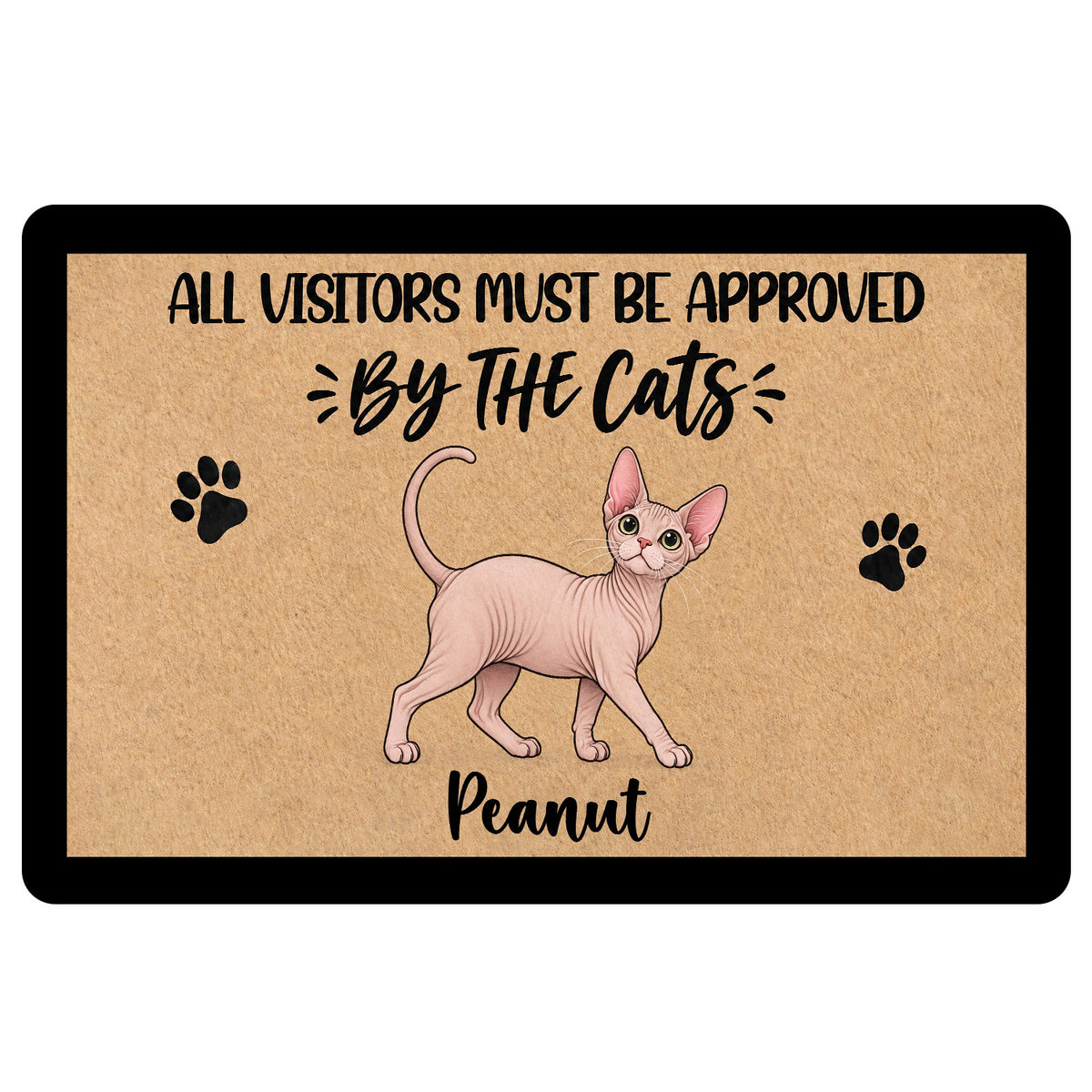 Sphynx cat doormat with paw prints, playful approval message, and illustrated hairless cat artwork