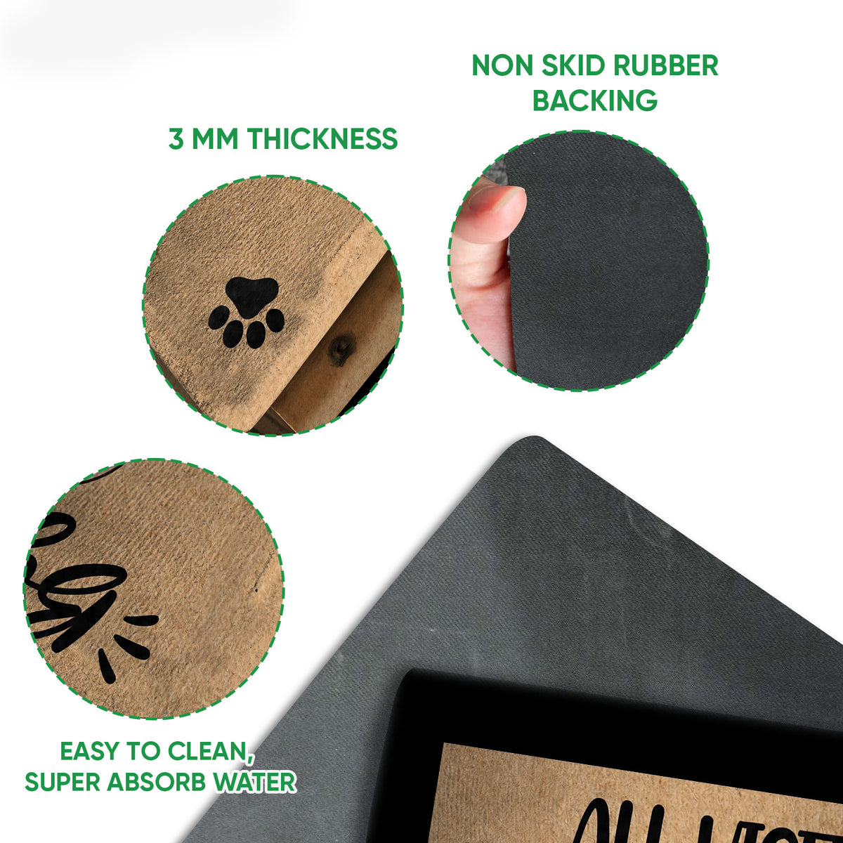 Close-up of Sphynx cat doormat surface, black rubber backing, edge, and printed paw detail