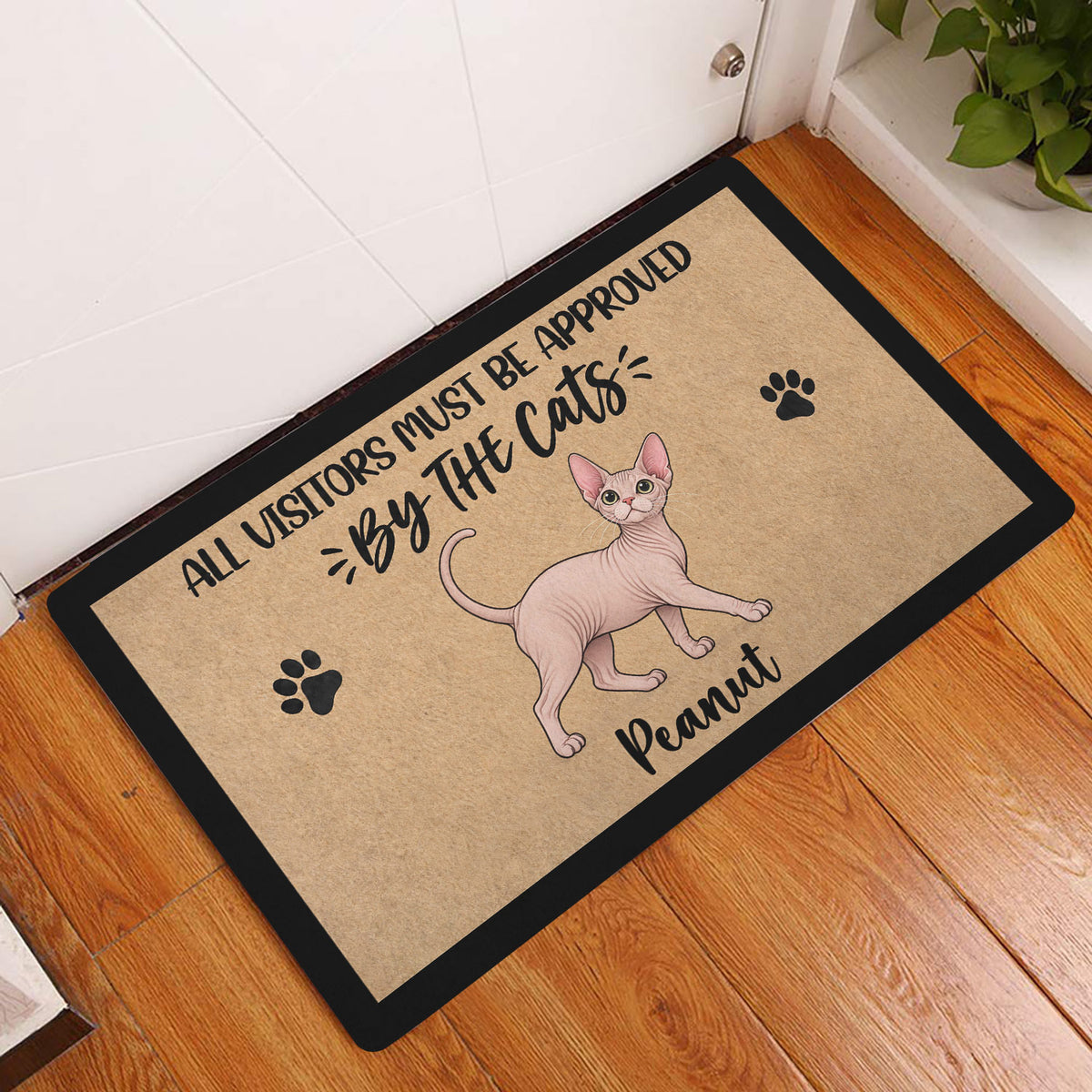 Sphynx cat doormat displayed inside an entryway beside a white door and wood flooring
