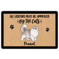 Persian cat doormat with paw prints, tan artwork, black border, and a playful visitor approval message