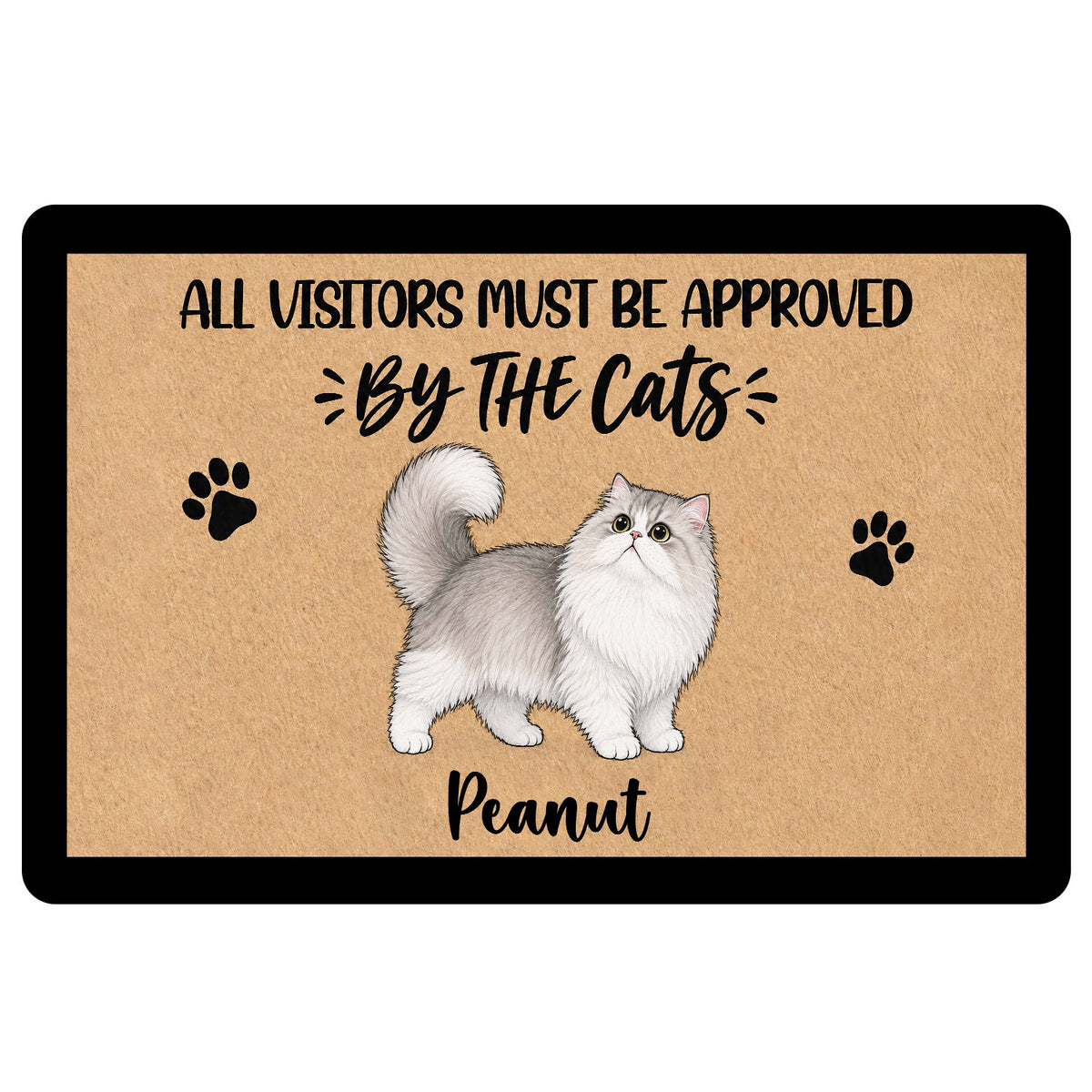 Persian cat doormat with paw prints, tan artwork, black border, and a playful visitor approval message