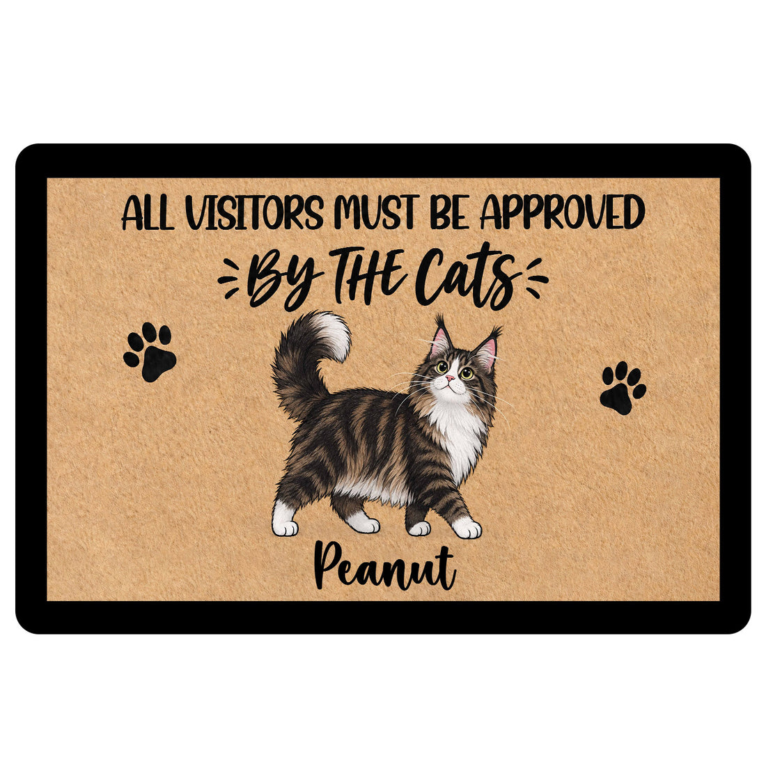 Maine Coon doormat with a fluffy cat illustration, paw prints, and a playful visitor approval message