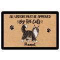 Maine Coon doormat with a fluffy cat illustration, paw prints, and a playful visitor approval message