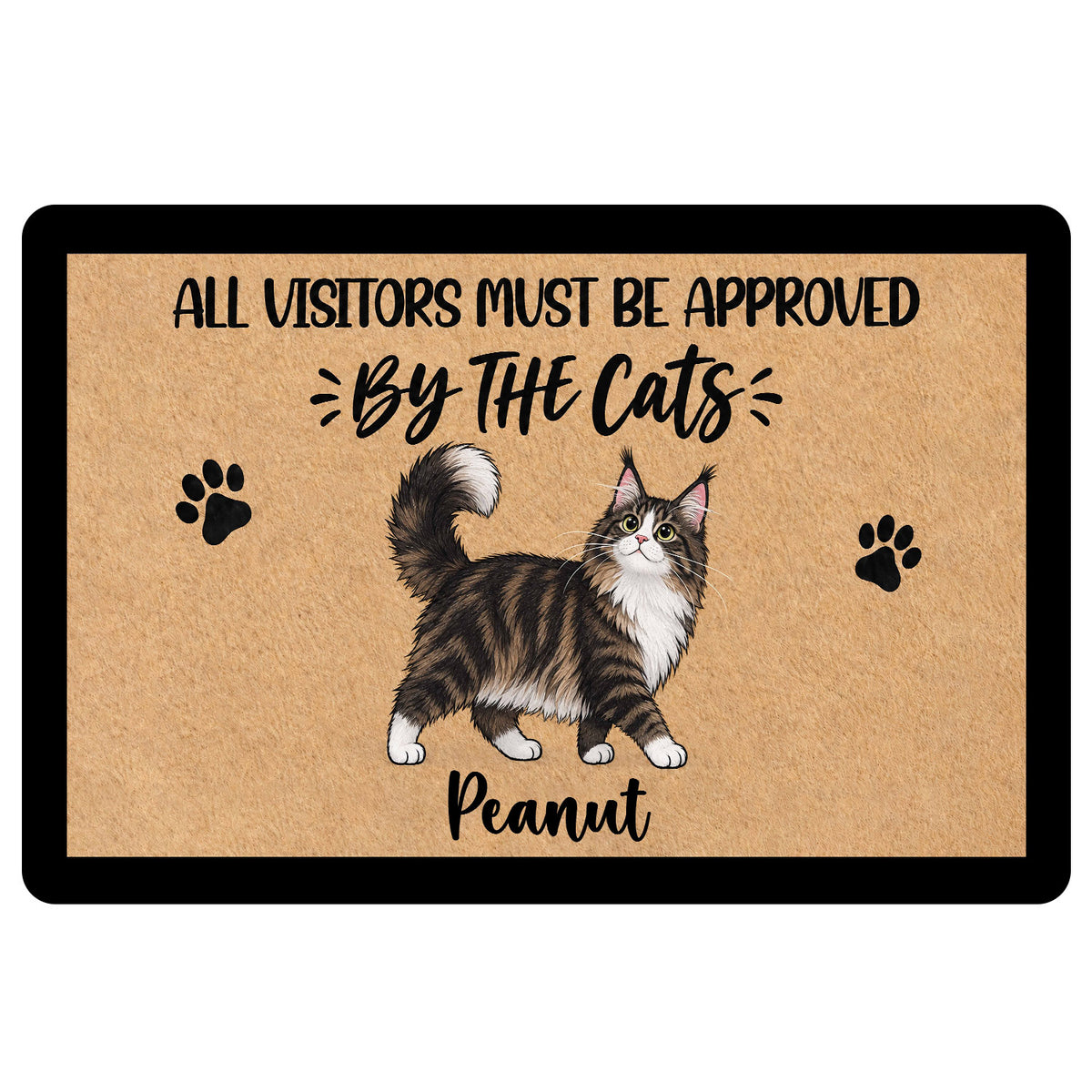 Maine Coon doormat with a fluffy cat illustration, paw prints, and a playful visitor approval message