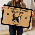Person holding a Maine Coon cat doormat with a fluffy feline illustration and paw print accents