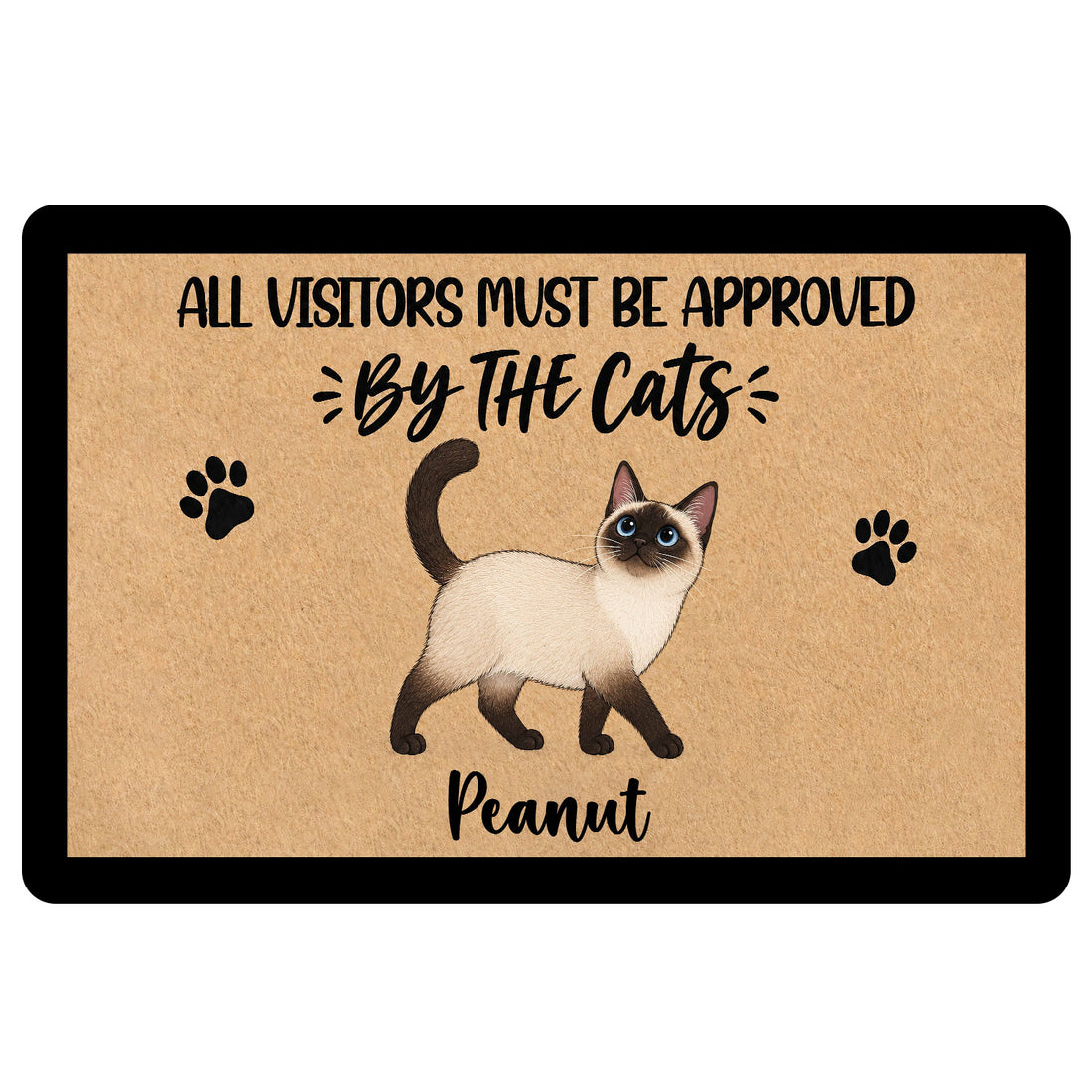 Siamese cat doormat with paw prints and playful cat-themed welcome artwork