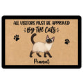 Siamese cat doormat with paw prints and playful cat-themed welcome artwork