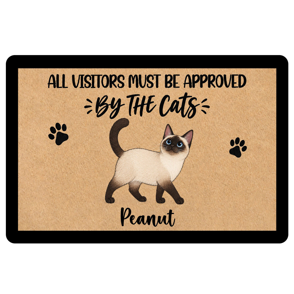 Siamese cat doormat with paw prints and playful cat-themed welcome artwork