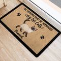 Siamese cat rug positioned near an interior doorway with paw print accents