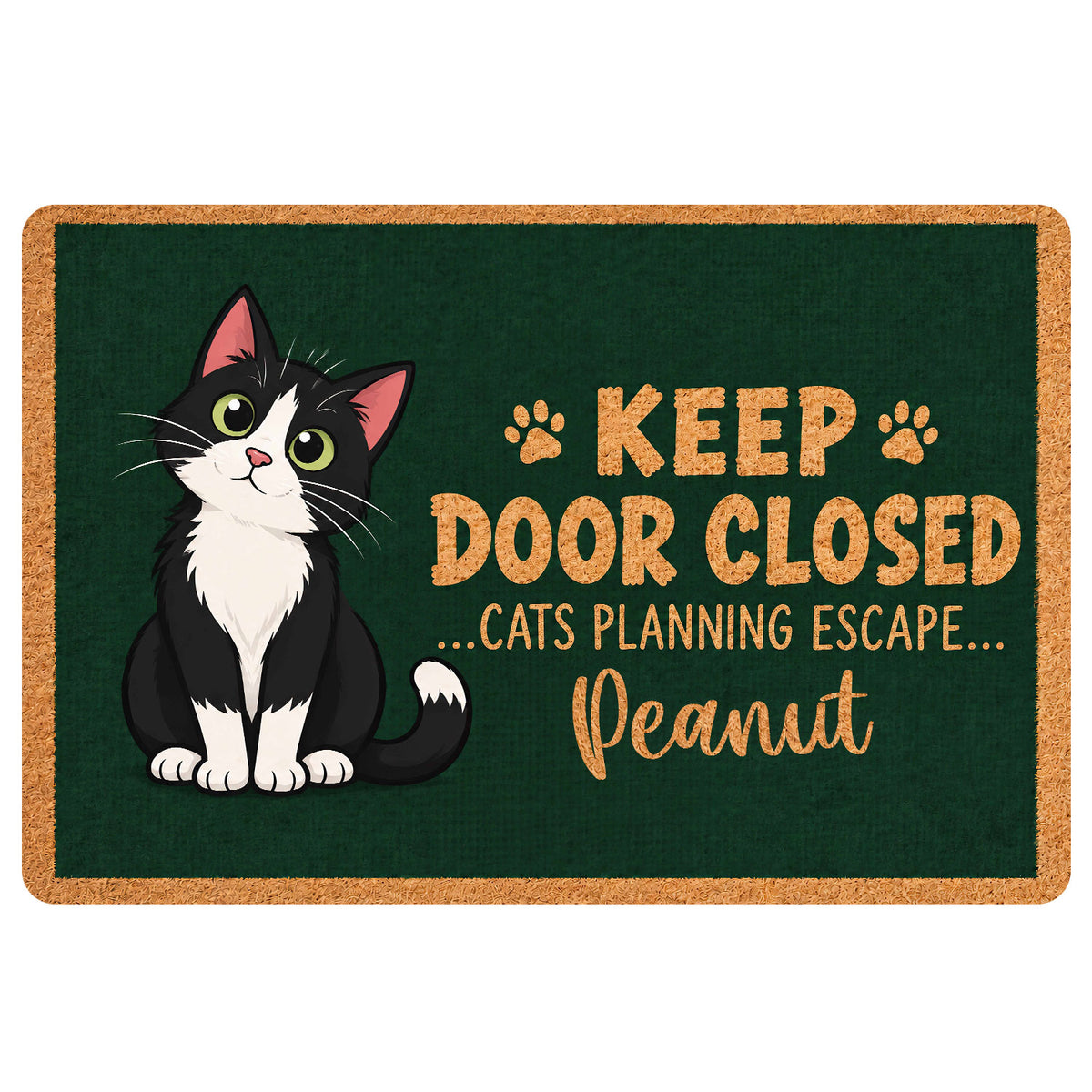 Tuxedo cat doormat with paw prints and playful escape-themed artwork on a dark green background