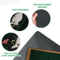 Tuxedo cat doormat feature view showing the printed surface, rubber backing, thickness and easy-clean design
