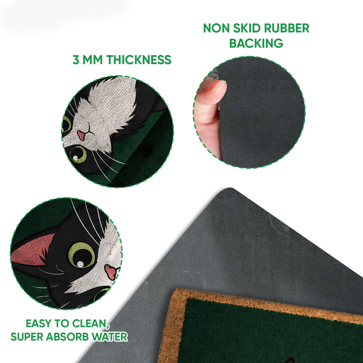 Tuxedo cat doormat feature view showing the printed surface, rubber backing, thickness and easy-clean design