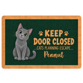 Russian Blue cat doormat with green background, paw prints, and playful door message