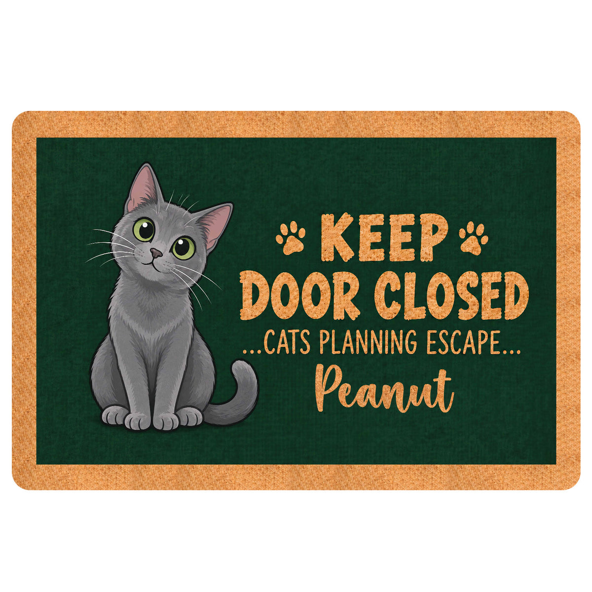 Russian Blue cat doormat with green background, paw prints, and playful door message