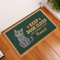 Russian Blue cat entryway mat styled beside a white door on a warm wood floor