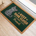 Gray Russian Blue cat door mat displayed near a doorway with a green printed surface