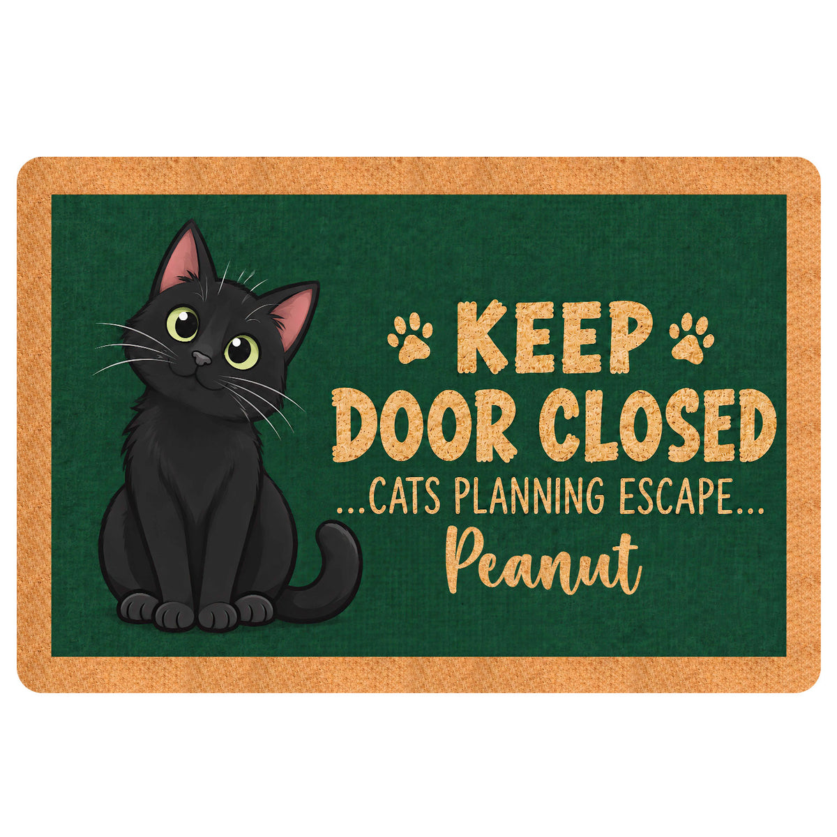Black cat doormat with paw prints and playful door-closed escape message on a green background