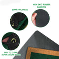 Black cat doormat detail showing the printed felt surface and rubber backing construction