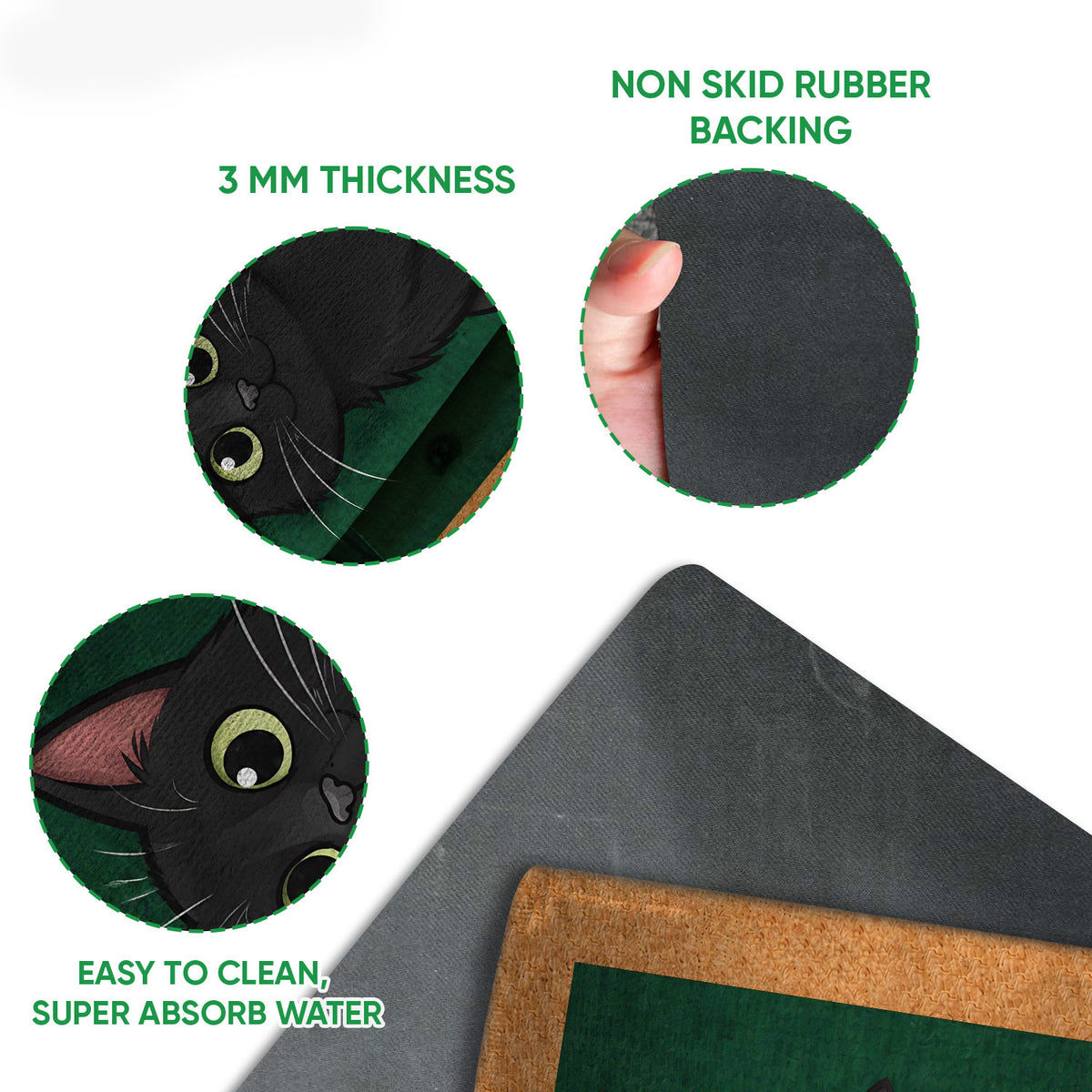 Black cat doormat detail showing the printed felt surface and rubber backing construction