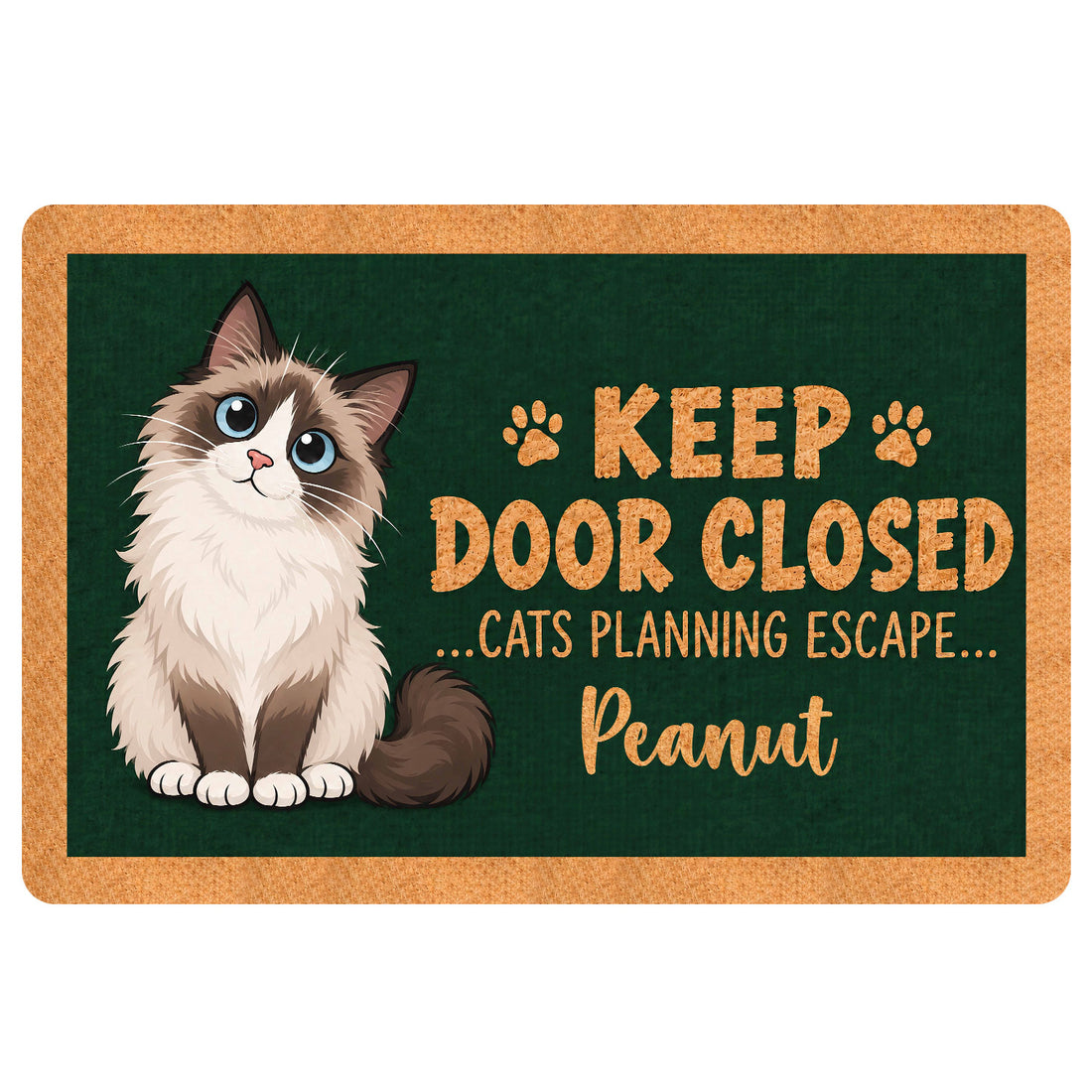 Ragdoll cat doormat with green background, paw prints, and playful cat-themed entryway message