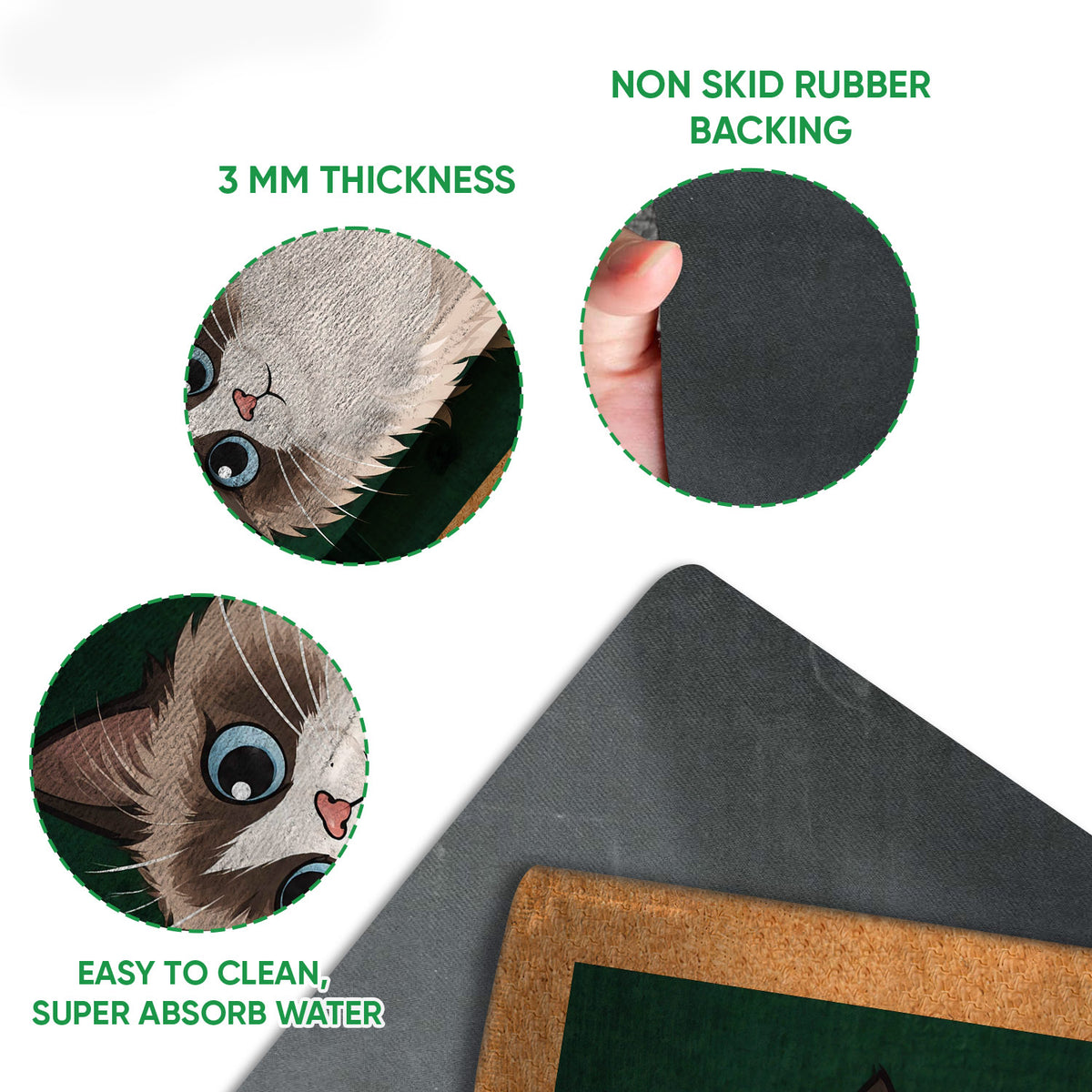 Ragdoll cat doormat detail showing printed felt surface and black rubber backing with traction