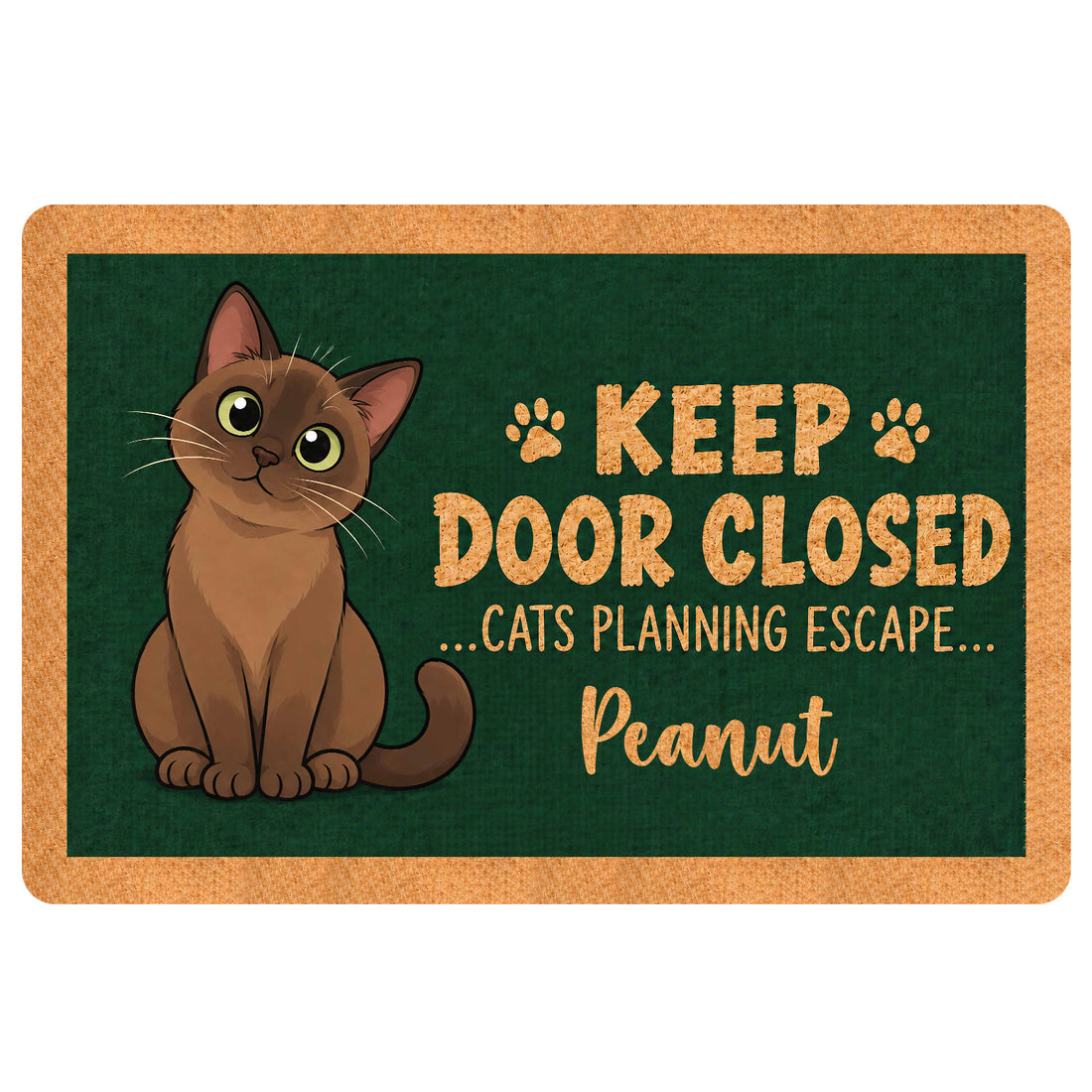Funny Burmese cat doormat with cartoon brown cat, green panel, tan border, paw prints and keep door closed cats planning escape quote