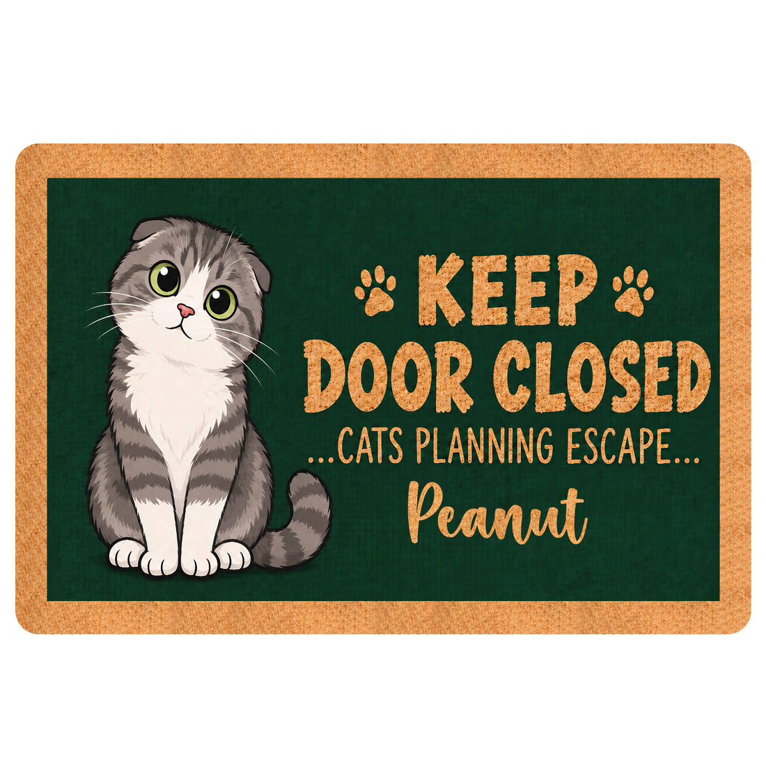 Illustrated Scottish Fold cat doormat with a playful green and tan design for a cat-themed entryway