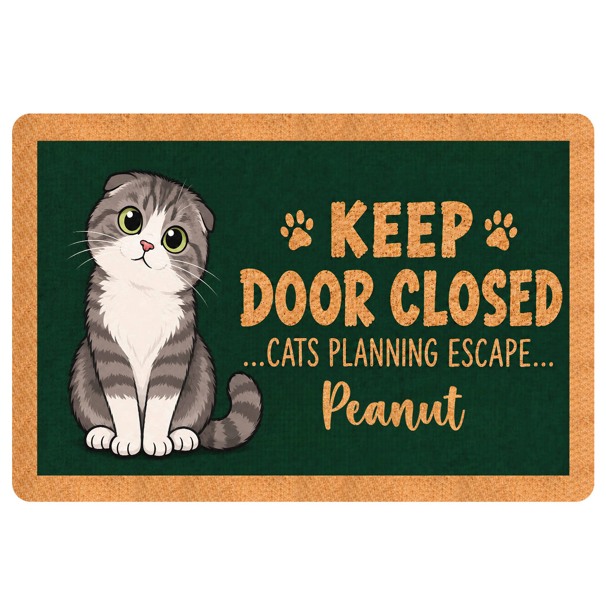 Illustrated Scottish Fold cat doormat with a playful green and tan design for a cat-themed entryway