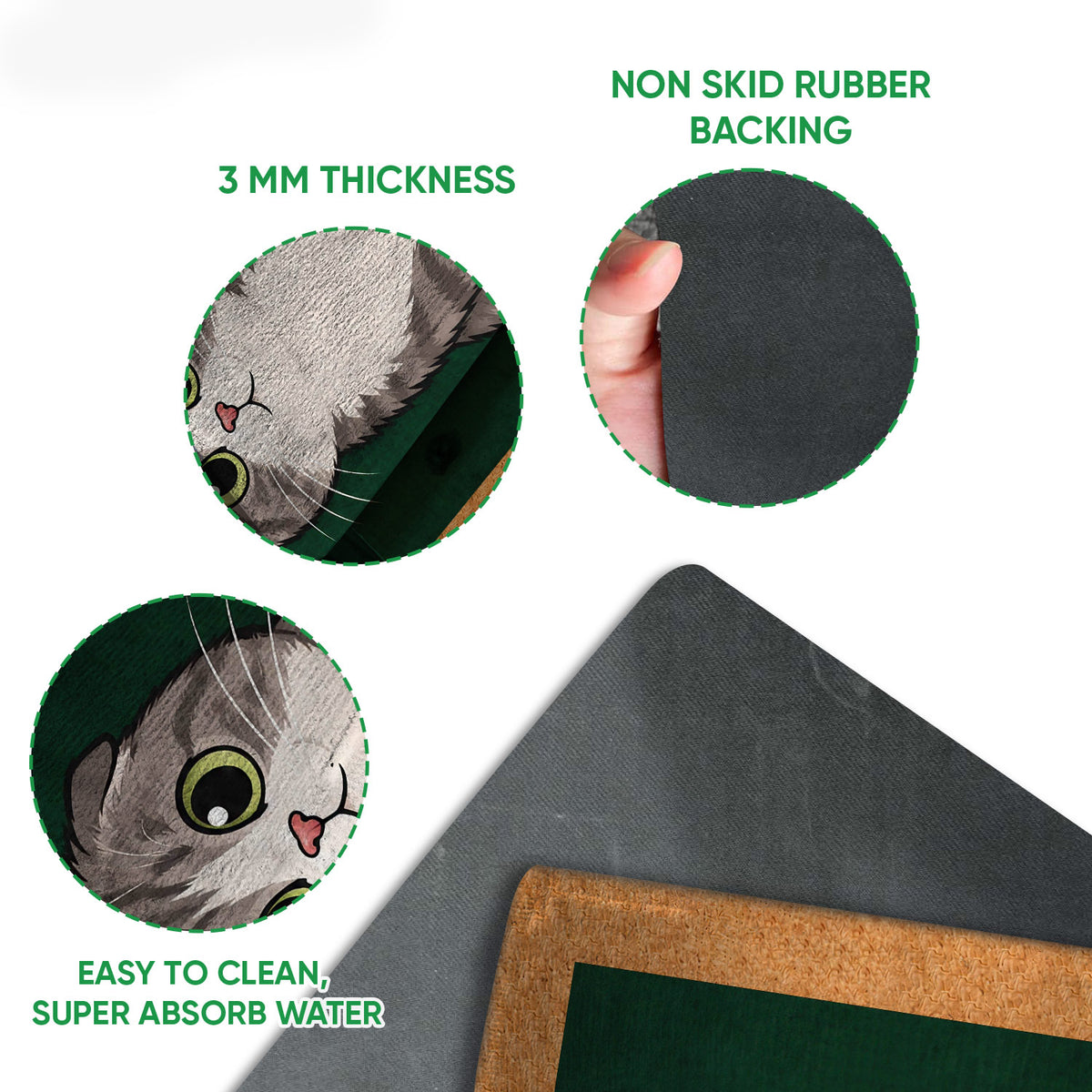 Scottish Fold cat doormat detail showing the printed felt surface and rubber backing construction
