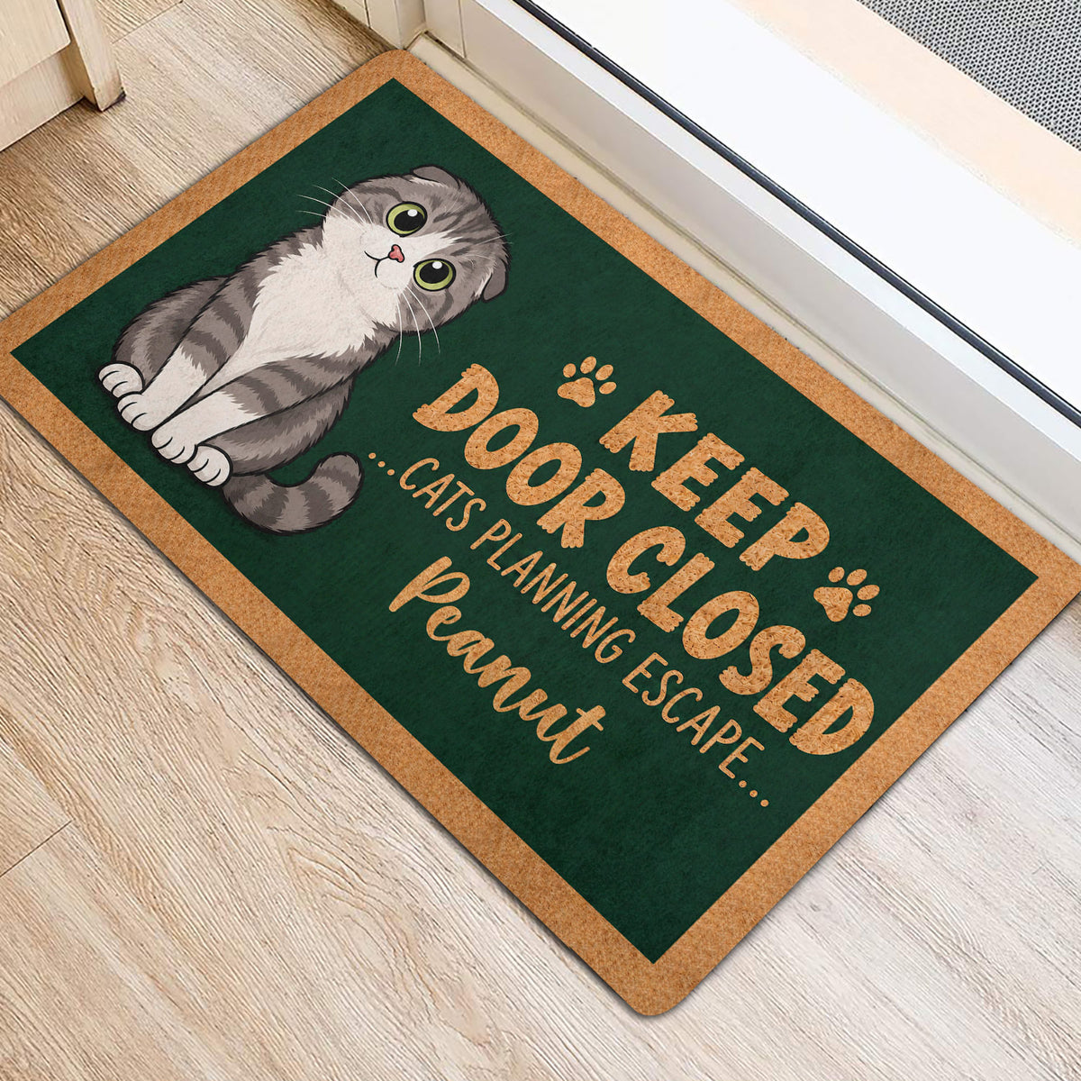 Scottish Fold cat rug positioned near a doorway, featuring a green background and humorous typography