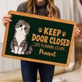 Cat lover doormat shown in a home setting with an illustrated Scottish Fold cat and green artwork