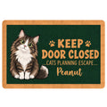 Custom Norwegian Forest Cat doormat with illustrated fluffy cat, green background, paw prints and funny keep door closed quote