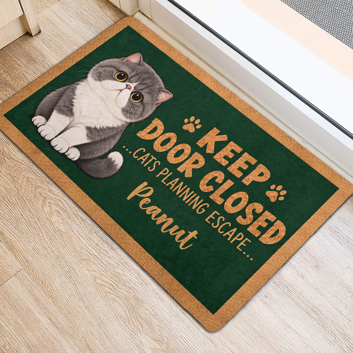 Exotic Shorthair cat door mat displayed in a bright home entrance with playful lettering