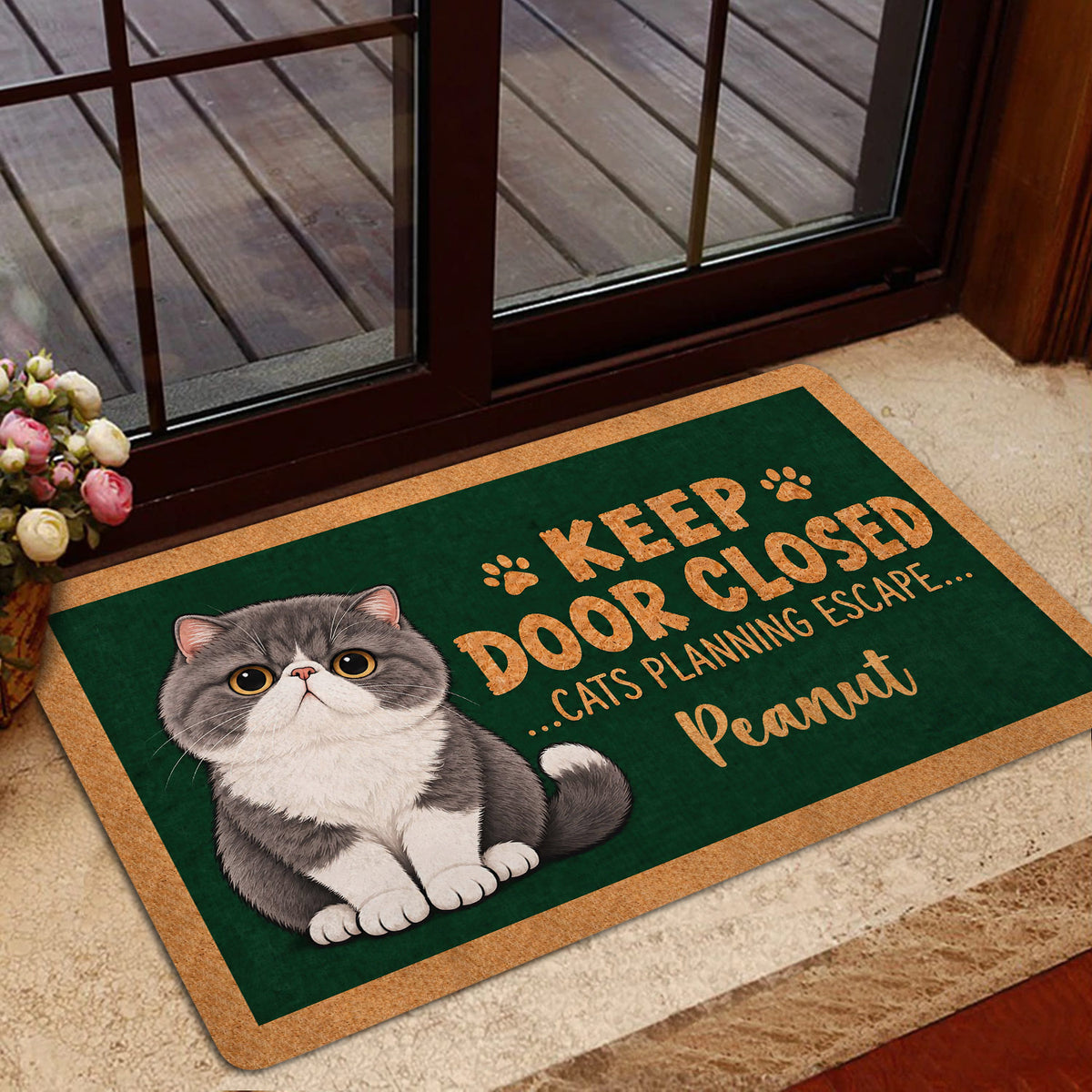 Exotic Shorthair cat doormat styled near a glass door with a cozy indoor entryway setting