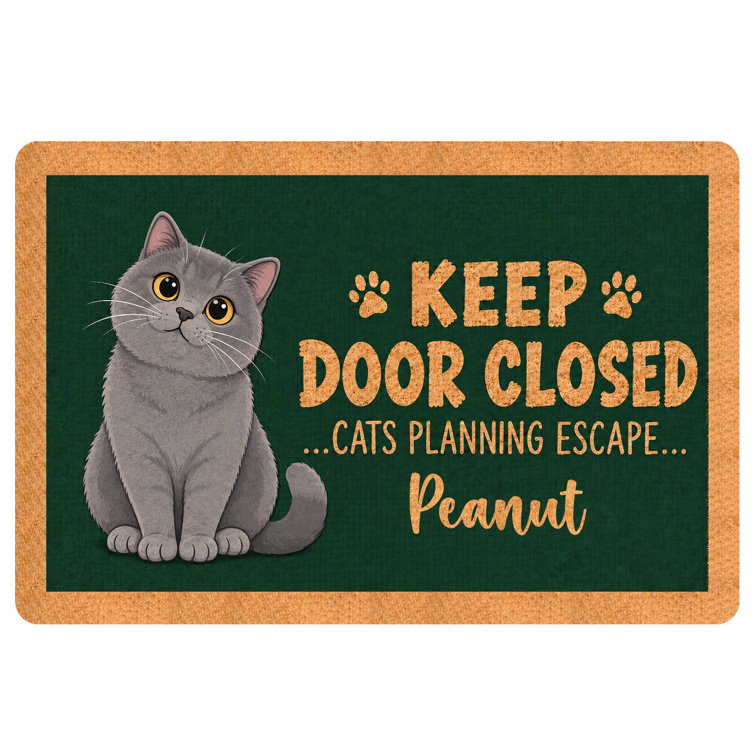 British Shorthair cat doormat with playful paw prints and a dark green entryway design