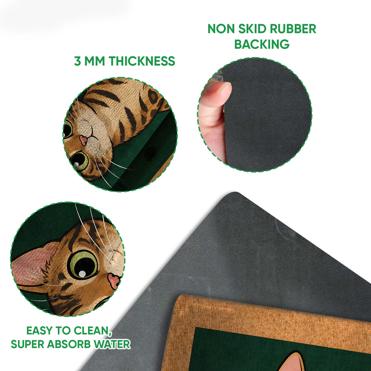 Close-up detail of Bengal cat artwork and rubber-backed underside of the door mat