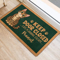 Bengal cat door mat with playful lettering shown near a bright indoor entrance