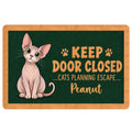Sphynx cat doormat with a playful escape-themed design, paw prints, deep green background and tan border